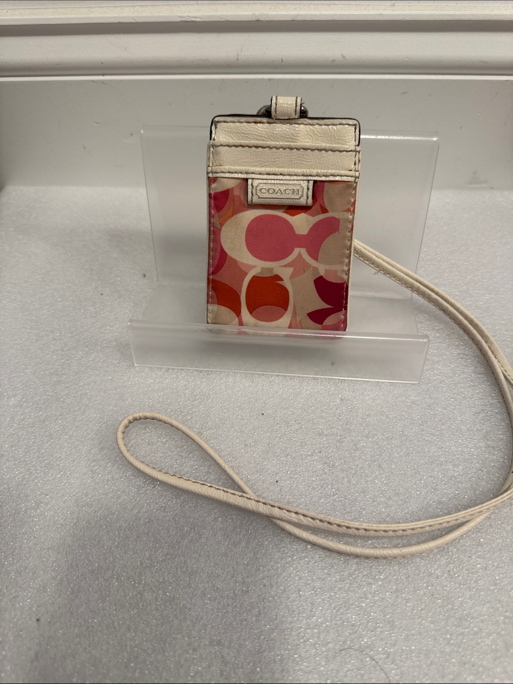 COACH Cream and Pink Signature ID Card Lanyard Holder